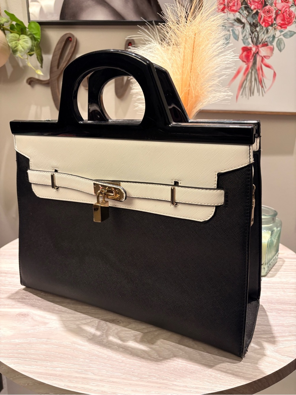 Black and Cream Structured Top-Handle Bag with Gold Hardware